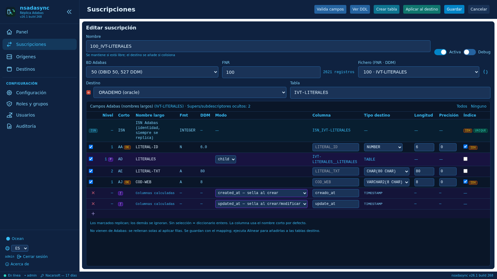 NSAdaSync subscription editor: field validation, DDL preview, table creation and apply to destination