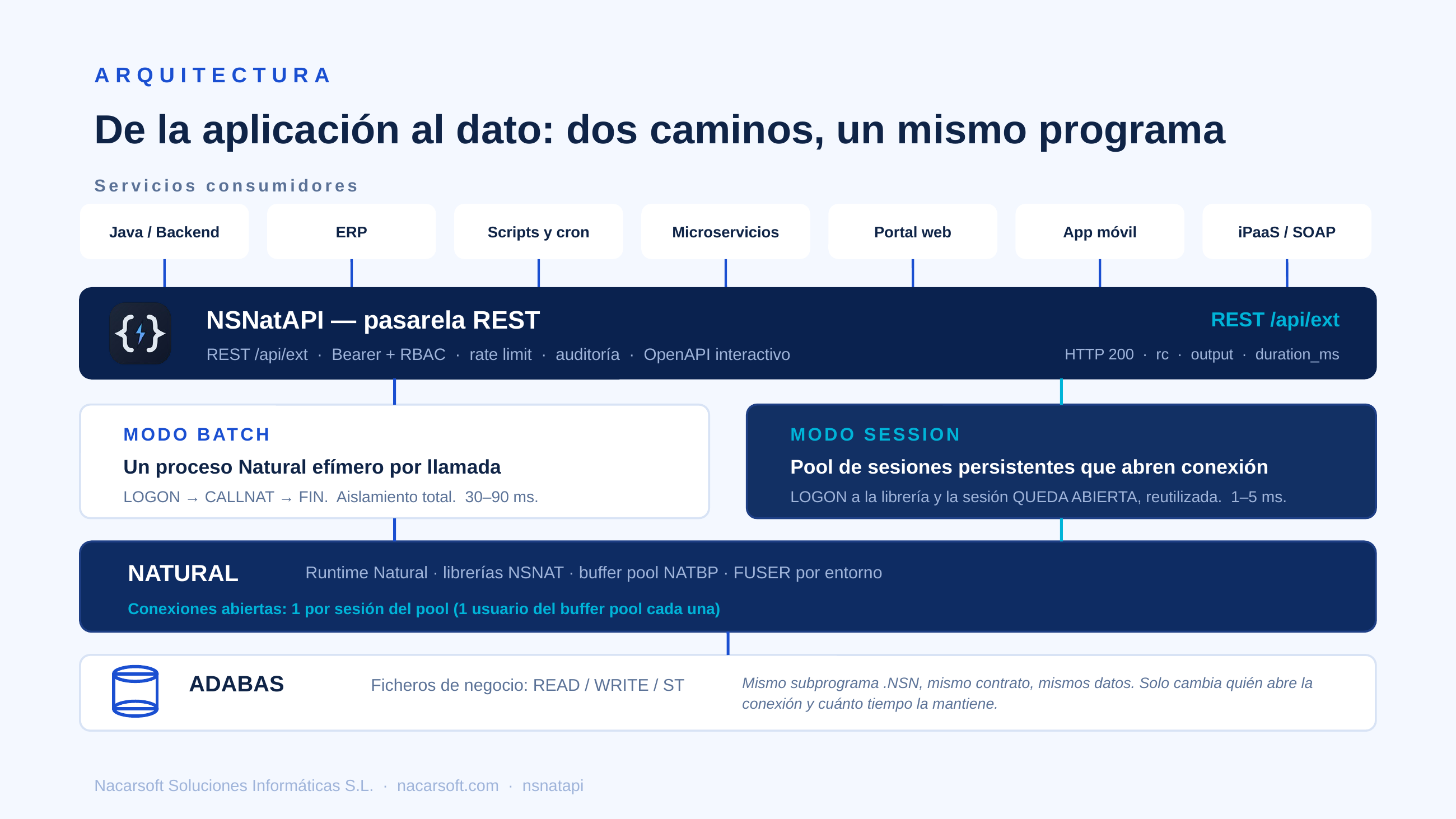 NSNatAPI architecture: consuming services → nsnatapi → Natural → Adabas